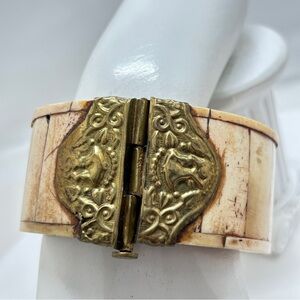 Vintage Chunky Brass And Bone Hinged Wide Bracelet